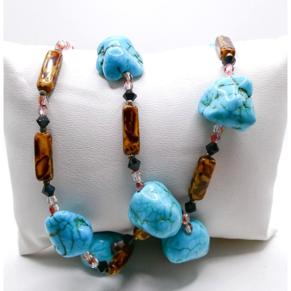 Blue Faux-Turquoise Faux-Turtle shell Glass Beaded Necklace 42" Long Necklace